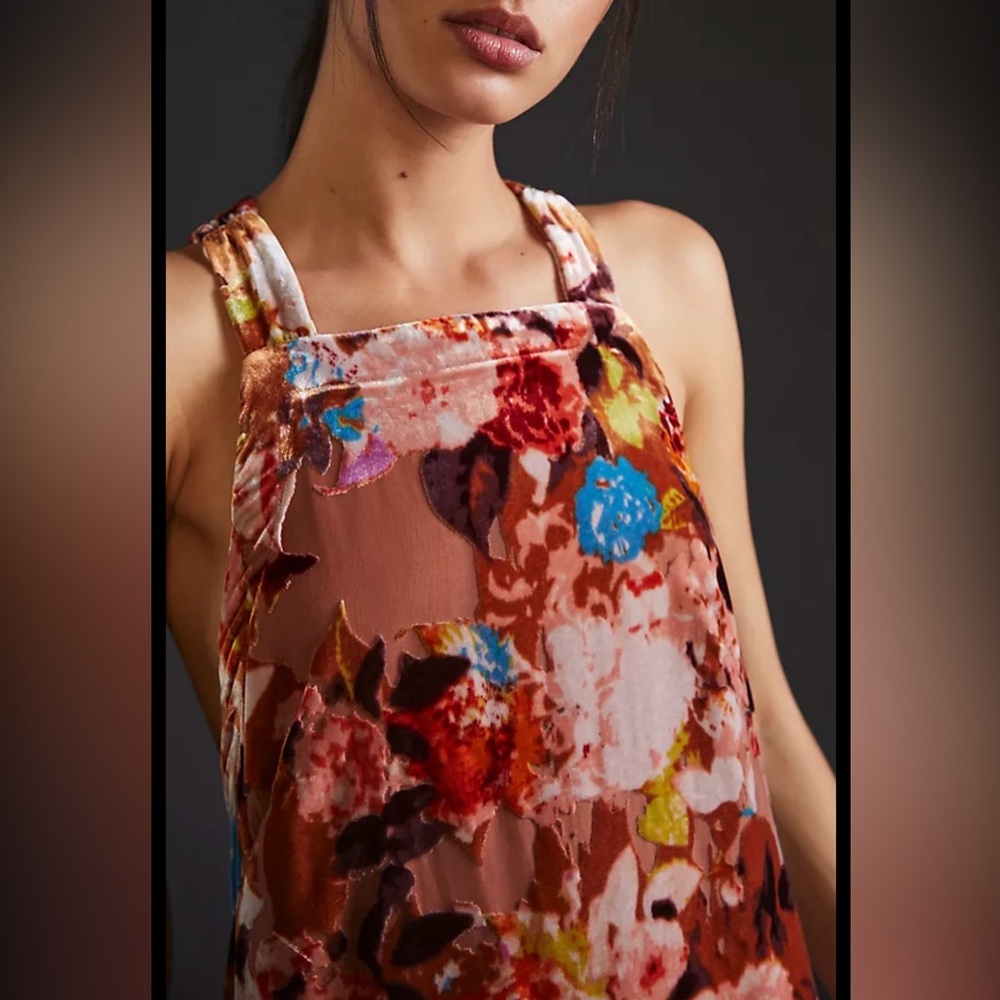 Anthropologie Halter Velvet Maxi Dress in a pink multi floral print. $220 NWT